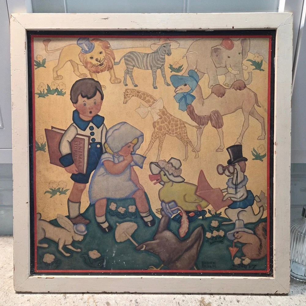 Vintage Ruth Kreps Nursery Art Framed Print Animals Storybook Children 26x26